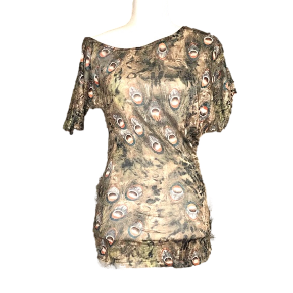 Tops - Lightweight taupe peacock-print top